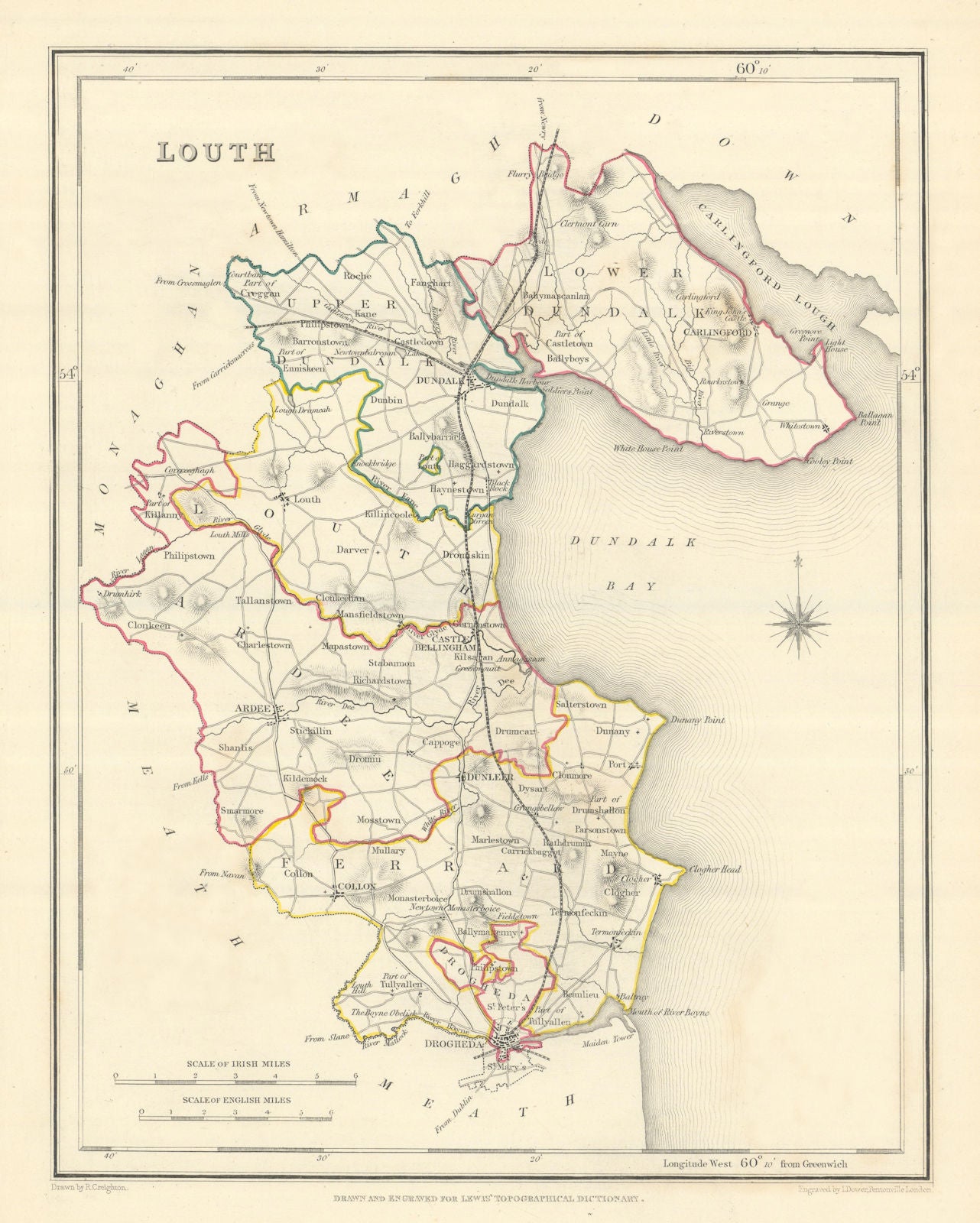 COUNTY LOUTH antique map for LEWIS by CREIGHTON & DOWER. Ireland 1850 old